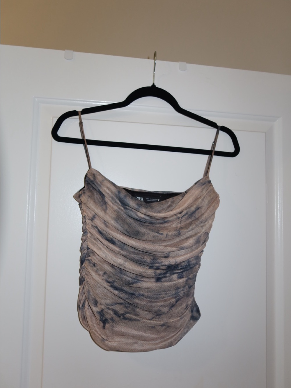 Zara Taupe & Gray Tie-Dye Ruched Cowl Neck Camisole